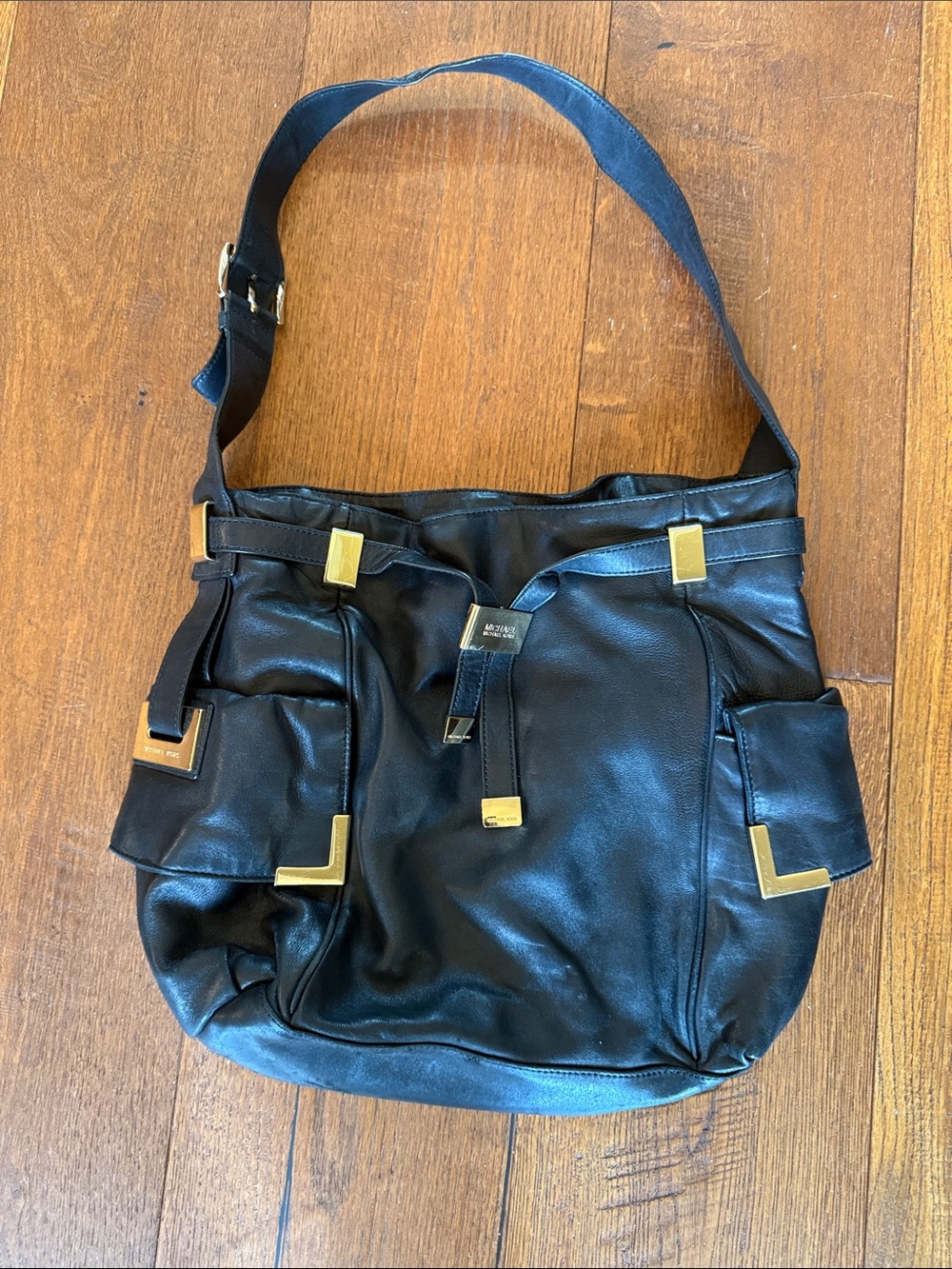 MICHAEL Michael Kors Black Leather Shoulder Bag with Gold Accents
